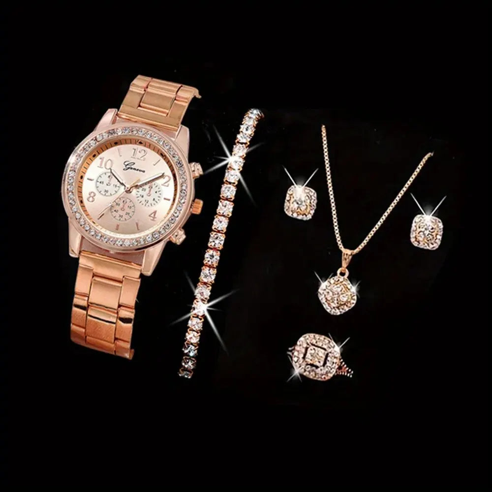 5 PCS Set Gold Watch Women Luxury Ring Necklace Earrings Rhinestone Fashion Wristwatch Female Casual Watches Bracelet Set