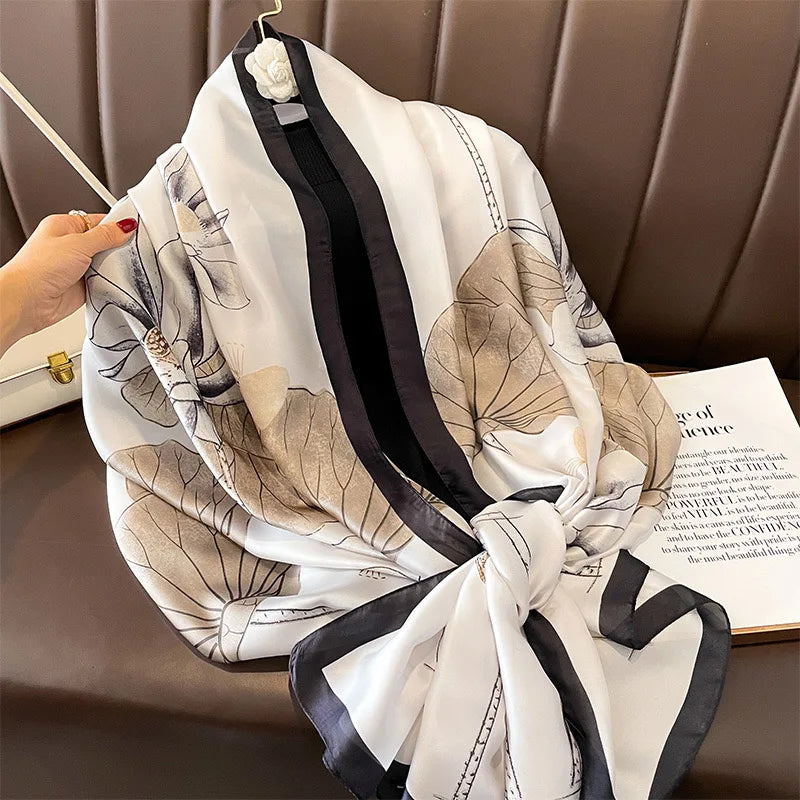 Women Fashion Print Silk Scarf Luxury Brand Warm 180X90CM Scarves Popular Lrage Satin Finish Shawl The Four Seasons Design Hijab