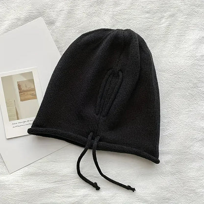 Fashion Drawstring Baggy Slouchy Beanie For Women Autumn Winter Ear Warm Skullies Cap Solid Color Bonnet Girl Kintted Woolen Hat