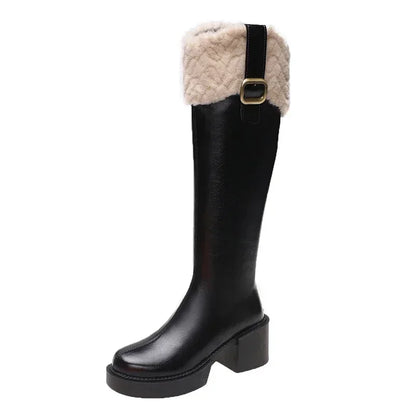 Winter Knee High Brown Long Boots Comfort Square Heel Zip Belt Buckle Platform Boots for Women  Plush Edge Warm Gothic Shoes