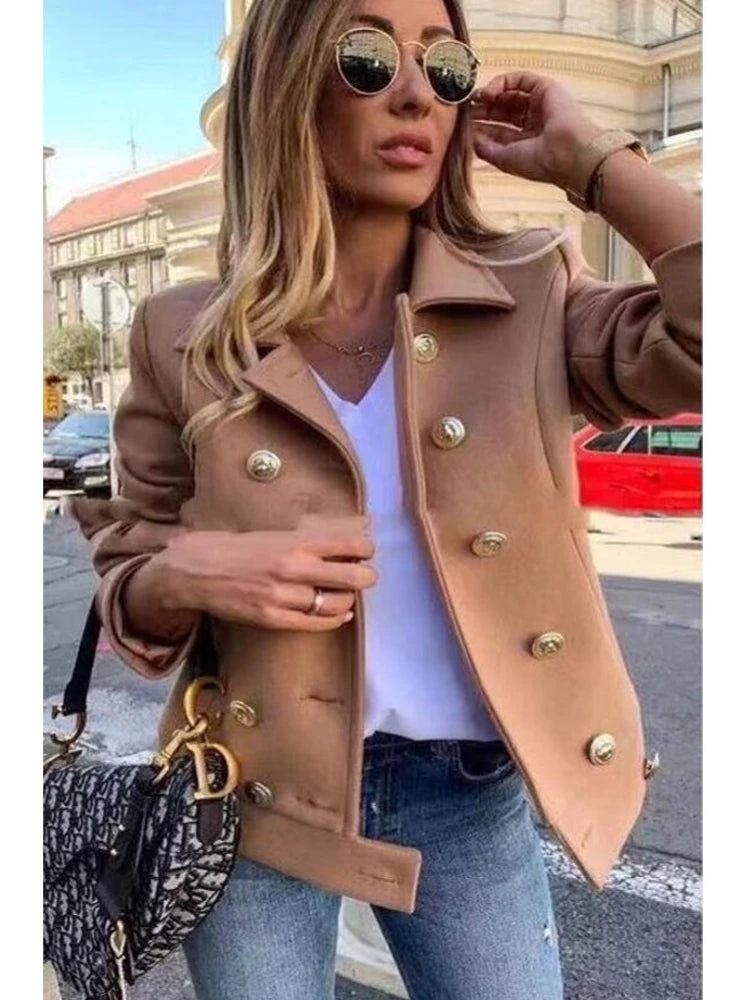 Winter Jacket Women Long Sleeve Fashion Double-breasted Blazer Casual and Loose with Lapel Office Lady Jackets for Women Coat