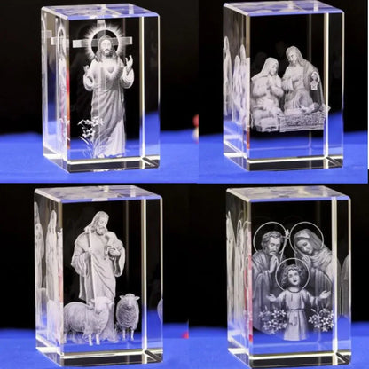 3D K9 Crystal Cube Christian Jesus Cross Figurine Home Decor Virgin Mary Laser Engrave Crystal Religious gifts for women's birth