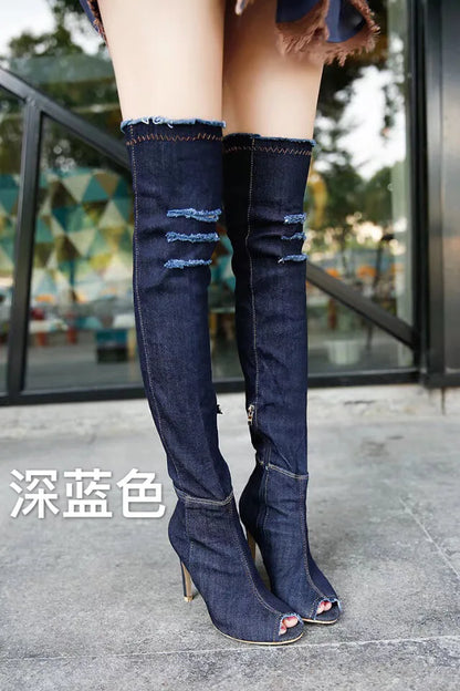 Women High Heels Boots Hollow Out Pointed Toe Over Knee Blue Denim Gladiator Boots Long High Heel Jean Boots Shoes Ladies Shoes