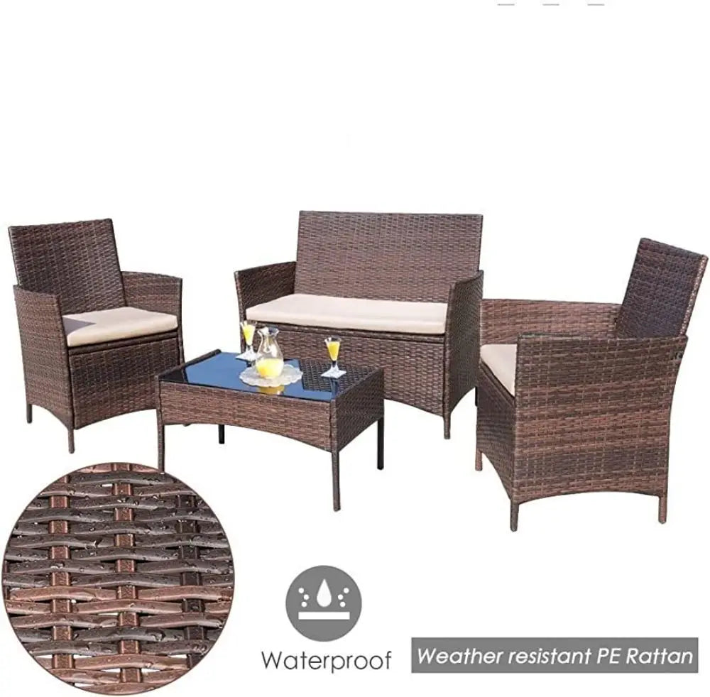 4-Piece Rattan Lounge Garden Furniture Set Balcony Seating Group for 4 People Sofa, Single Chairs, Table and Seat Cushions