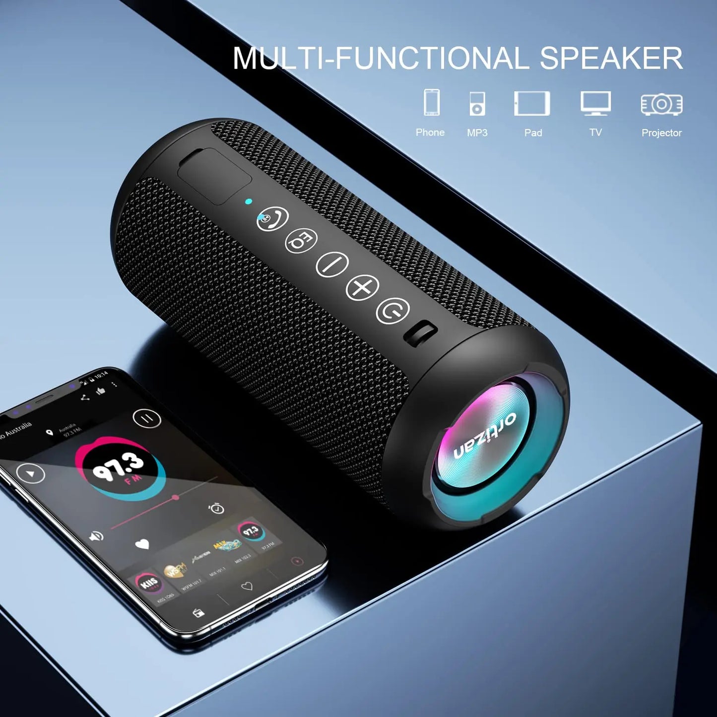 Ortizan Portable Bluetooth Speakers with Bass Boost,IPX7 Waterproof,Suporrt TF Card/AUX,RGB Lights,30H Playtime,24W Loud Drivers