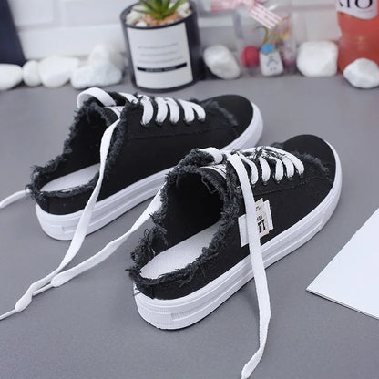 New 2024 Spring Summer Women Canvas Slippers Flat Sneakers Women Casual Pantuflas Shoes Mules White Shoes Lace Up Half Slides