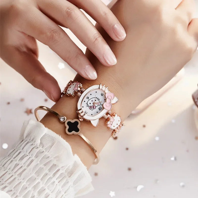 Sanrio Fashion Hello Kitty Children's Watch Student Watch Steel Band Women's Bracelet Electronic Quartz Watch Creative Gift