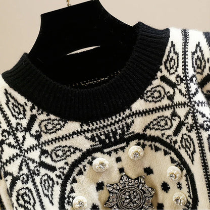 Geometric Knitted Soft Diamonds Beading Vintage O-Neck Women's Sweater Korean Fashion Jumpers Female Short Pullovers Chic Tops