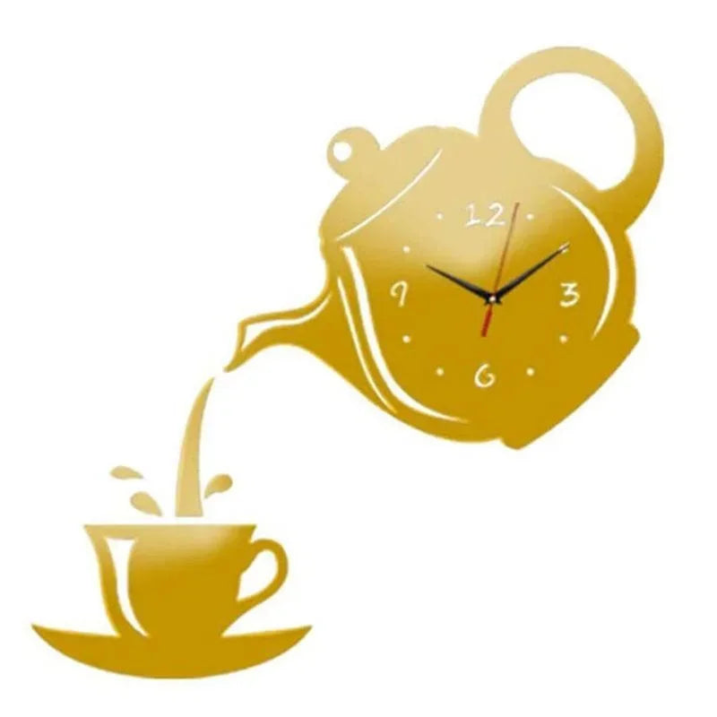 Creative Coffee Cup Teapot Wall Clock 3D Acrylic Kettle Shaped Wall Clocks for Office Home Kitchen Dining Living Room Decoration