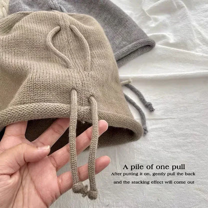 Fashion Drawstring Baggy Slouchy Beanie For Women Autumn Winter Ear Warm Skullies Cap Solid Color Bonnet Girl Kintted Woolen Hat