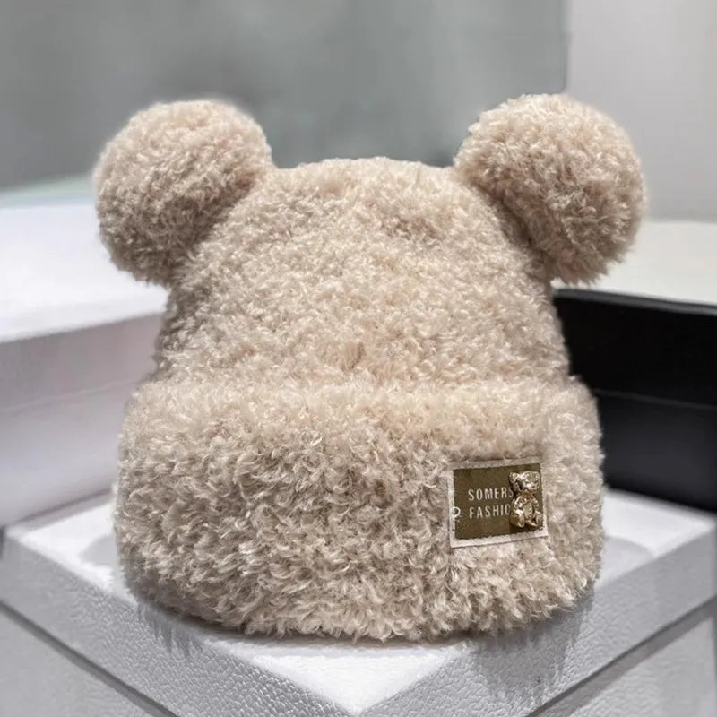 Cute Winter Plush Beanie Cap for Women Cartoon Bear Ear Knitted Wool Hat Female Girls Solid Color Thicken Lamb Fleece Hats