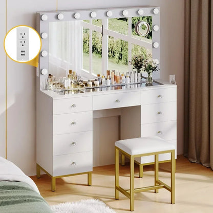 Large Glass Top Vanity Makeup Mirror Desk Crystal Handle 3 Color Lighting Modes 9 Drawers Magnifying Glass White Dresser Table