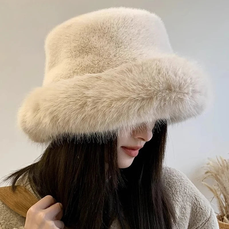 Korean New Winter Plush Fisherman Hat for Women Thick Fluffy Fur Ear Protection Cap Windproof Warm Soft Headgear Fashion Beanies