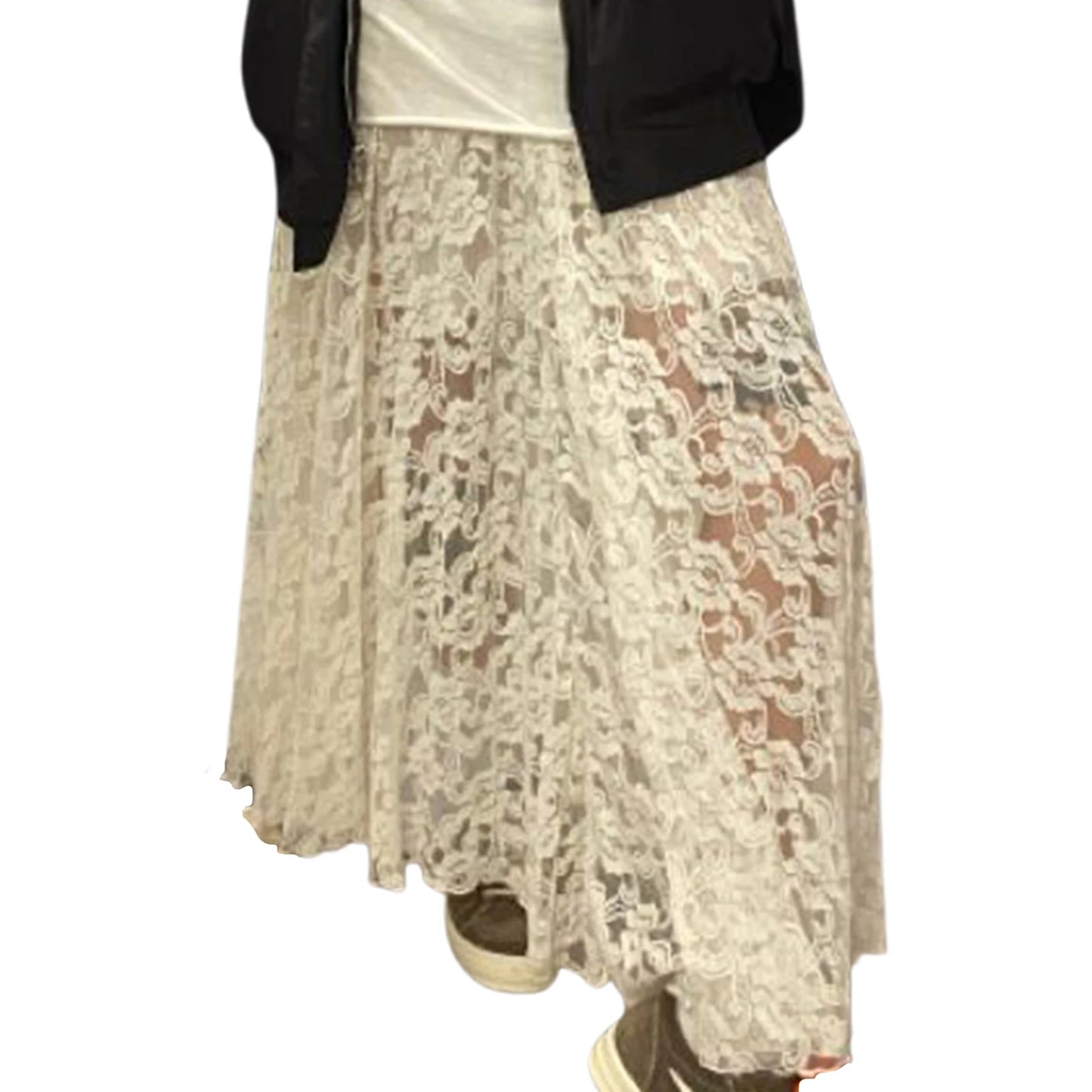 Women Lace Long Skirts Elegant Low Waist Solid Color See-Through Midi Skirts  Fit Skirts