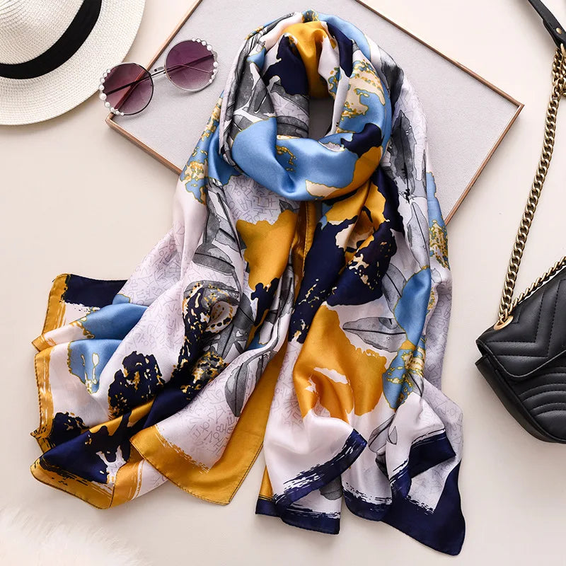 Women Fashion Print Silk Scarf Luxury Brand Warm 180X90CM Scarves Popular Lrage Satin Finish Shawl The Four Seasons Design Hijab