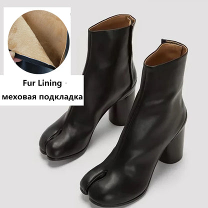 2024 Luxury Brand Design Leather Tabi Boots Fashion Round Chunky High Heel Ankle Boots For Women Autumn Winter Split Toe Shoes