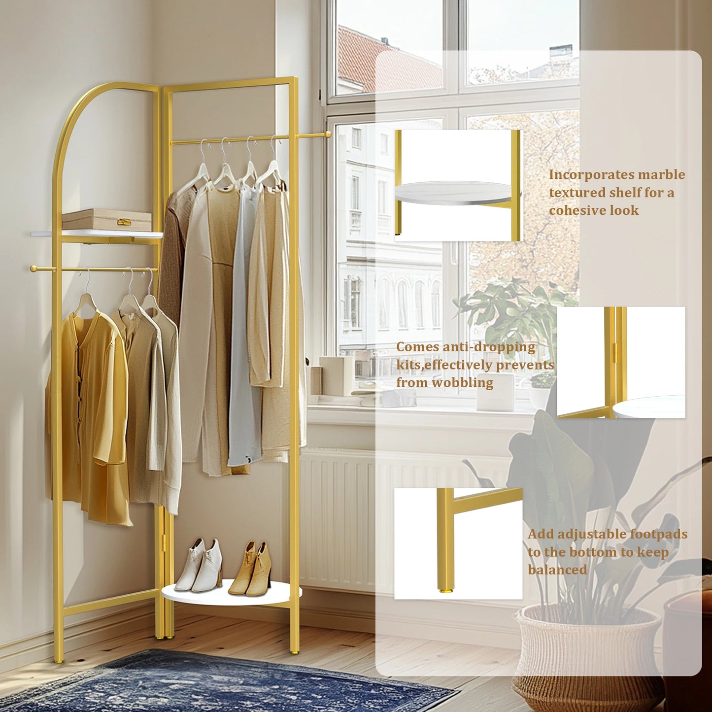 Adjustable Angle Gold Metal Coat Rack with Shelves and Hanging Rod Corner Clothes Stand for Home Clothes Organization