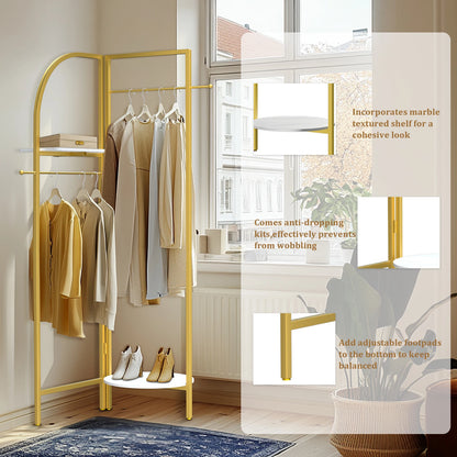 Adjustable Angle Gold Metal Coat Rack with Shelves and Hanging Rod Corner Clothes Stand for Home Clothes Organization