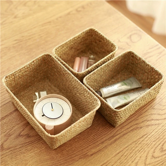 Woven Seagrass Storage Baskets Straw Rattan Basket Desk Organizer Picnic Basket Fruit Storage Box Cosmetic Storage Container