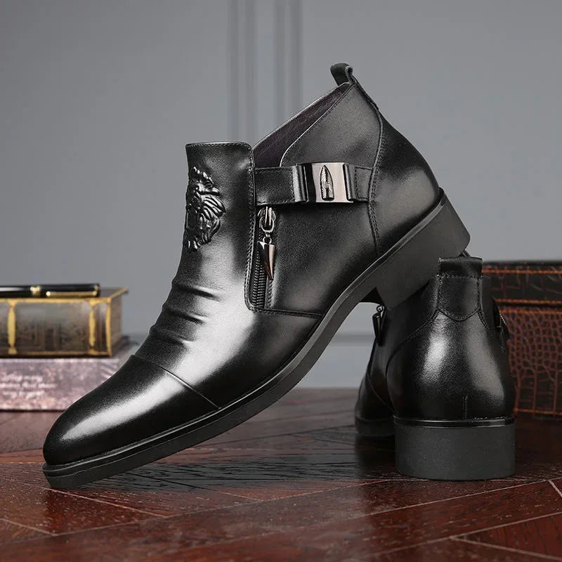 Men's Ankle Boots British Black Zip Knight Boots Pointed Winter Elegant Men Leather Shoes Botas Platform Punk Booties for Men