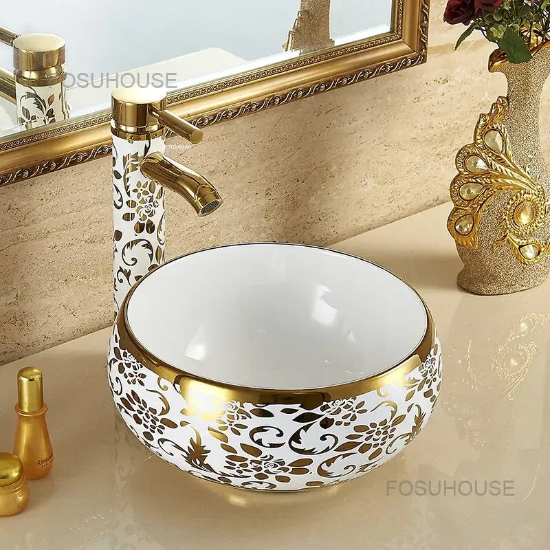 Retro Gold Plated Round Bathroom Sinks Designer Bathroom Washbasins Small Handmade Table Basin Nordic Kitchen Washing Sinks