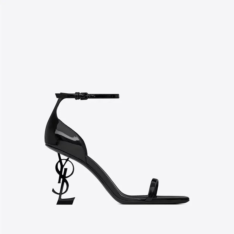 Letter and black high-heeled women's shoes 2024 new women's sandals small sexual bag round head open toe sandals wedding shoes