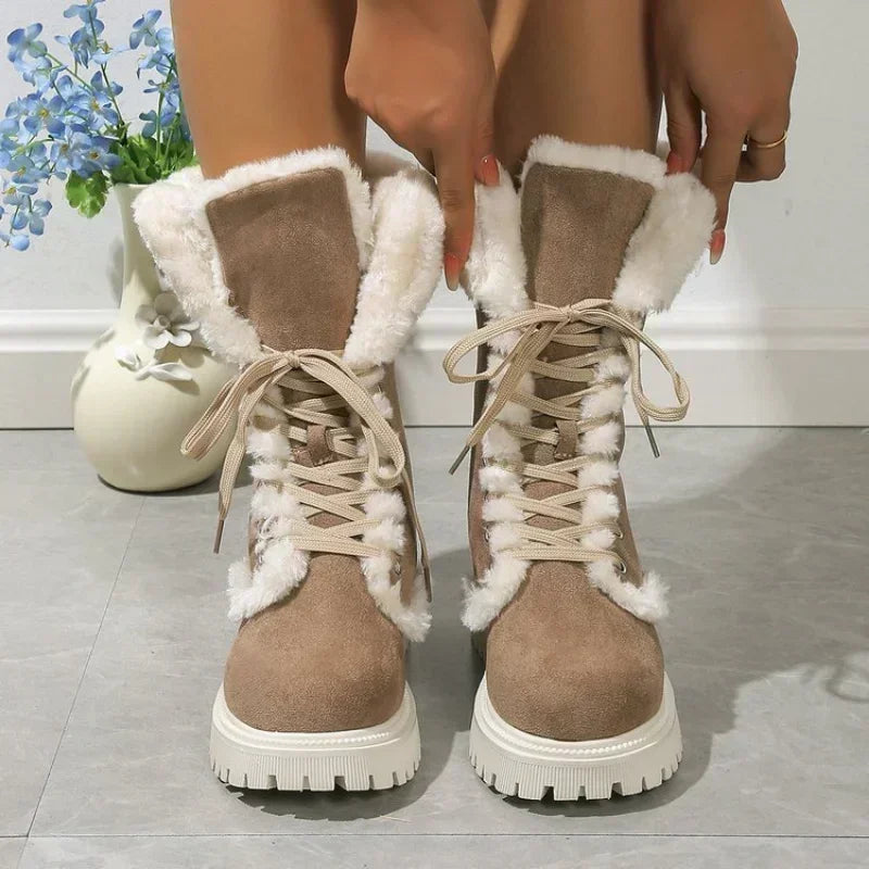 Thicken Plush Snow Boots for Women Winter Faux Fur Platform Ankle Boots Woman Mid-calf Lace-up Snow Boots Thickened Cotton Shoes