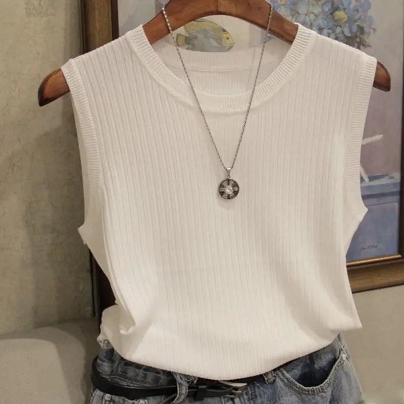 zjaiss 2024 Summer New Fashion Knitted Vests O-neck Sleeveless Casual Thin Tops Sleeveless Blouse Women Shirt