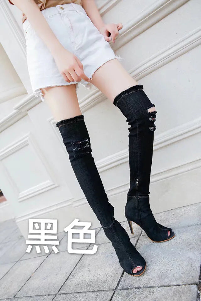 Women High Heels Boots Hollow Out Pointed Toe Over Knee Blue Denim Gladiator Boots Long High Heel Jean Boots Shoes Ladies Shoes