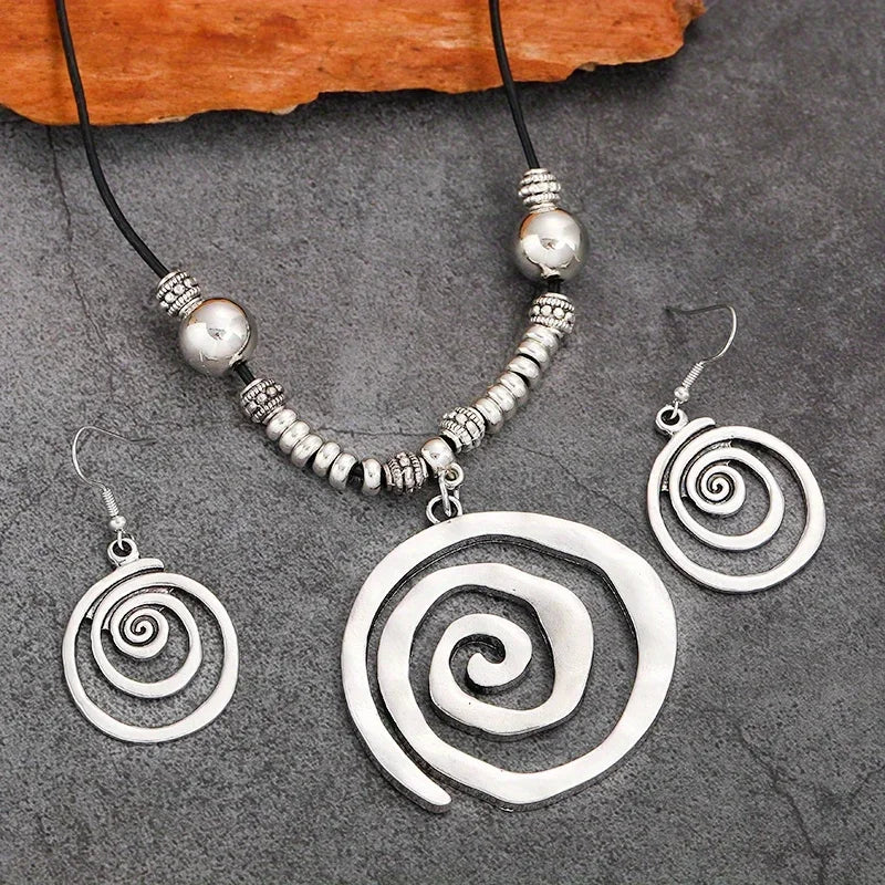 1 Pair of Earrings + 1 Necklace Boho Style Jewelry Set Retro Spiral Design  Party Accessories Tribal Jewelry