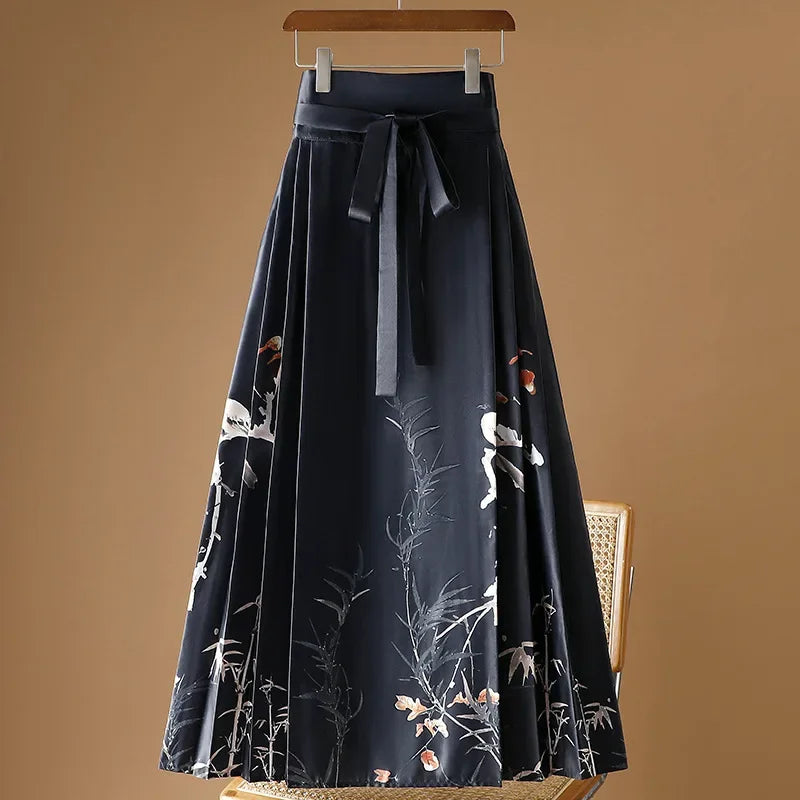 Maxi Chinese Style Horse Face Skirts Women Hanfu Vintage Harajuku Saia Casual Long Print Pleated Skirt Woman Clothing Faldas