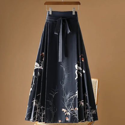 Maxi Chinese Style Horse Face Skirts Women Hanfu Vintage Harajuku Saia Casual Long Print Pleated Skirt Woman Clothing Faldas