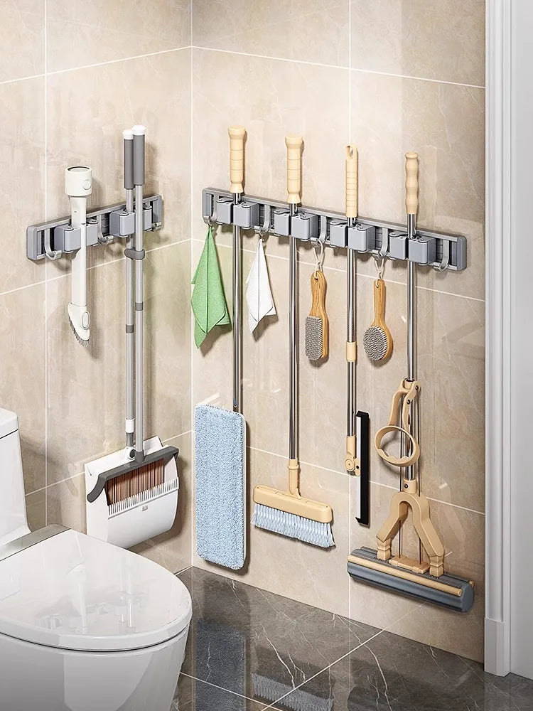 Mop and Broom Organizer Mop Holder Rack Mop Holder Wall Mounted Strong Broom Mop Holder Self With 5 Hooks Organizers Hang Broom