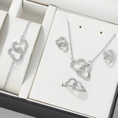 5PCS/Set Heart Shaped Jewelry Sets Of Ring Earrings Necklace For Women Elegance Rhinestone Double Heart Jewelry