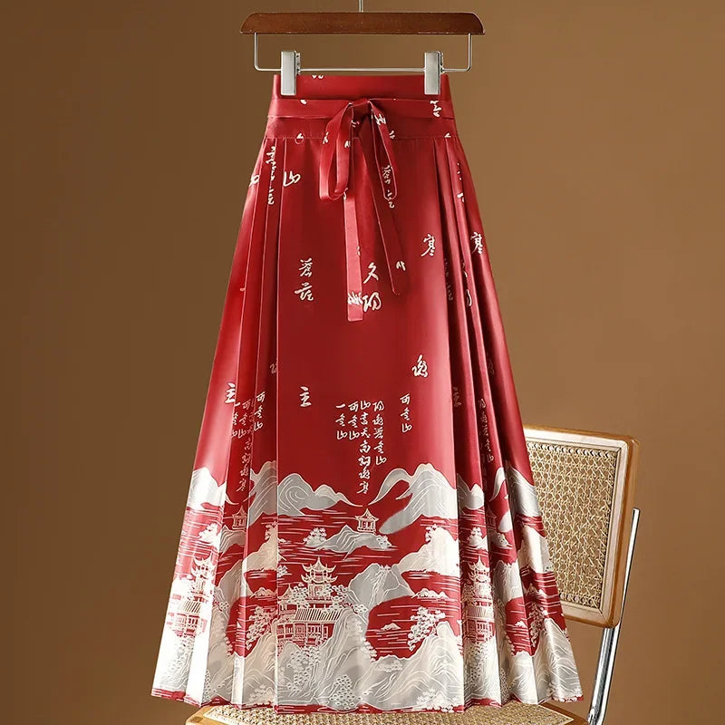 Maxi Chinese Style Horse Face Skirts Women Hanfu Vintage Harajuku Saia Casual Long Print Pleated Skirt Woman Clothing Faldas