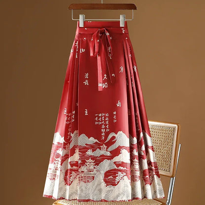 Maxi Chinese Style Horse Face Skirts Women Hanfu Vintage Harajuku Saia Casual Long Print Pleated Skirt Woman Clothing Faldas