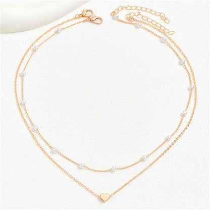 Simple Pearl Choker Necklaces for Women Fashion Double Layer Chain Small Love Heart Pendant Necklace Jewelry Gift Wholesale