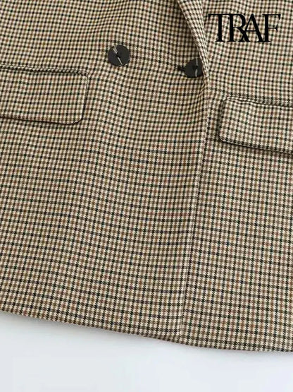 TRAF Women Fashion Double Breasted Plaid Blazer Coat Vintage Long Sleeve Flap Pockets Female Outerwear Chic Vestes Femme