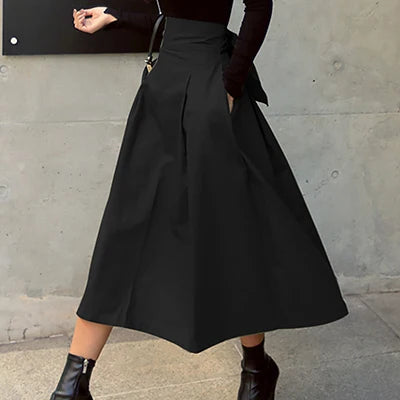 Skirts Womens Korean Fashion Solid Color Big Swing Ladies Skirt Long Skirt 2022 Autumn Wild High Waist Bow Slim Skirts