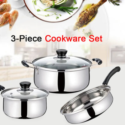 3PCS Stainless Steel Pot Frying Pans Set Pressure Cooker Braised Cooking Pot Soup Pot Kitchen Cookware