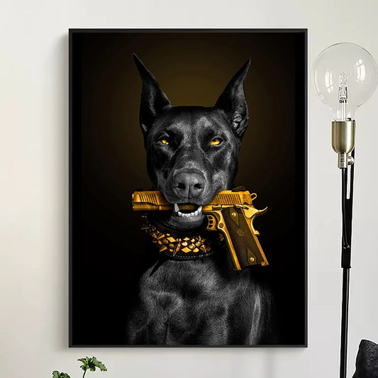 Luxury Dog Doberman with Pistol In His Mouth Posters Canvas Painting Animal Fashion Wall Art Pictures Living Room Home Decor