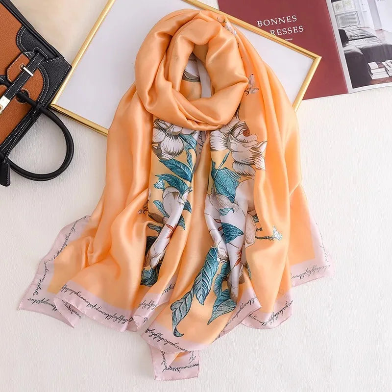 Women Fashion Print Silk Scarf Luxury Brand Warm 180X90CM Scarves Popular Lrage Satin Finish Shawl The Four Seasons Design Hijab