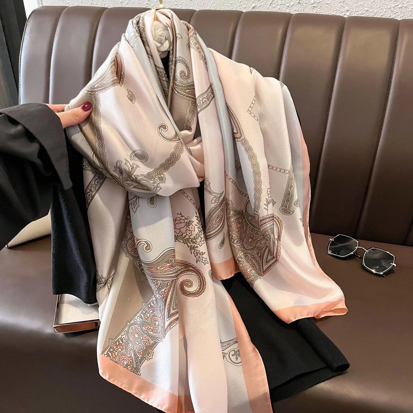 Women Fashion Print Silk Scarf Luxury Brand Warm 180X90CM Scarves Popular Lrage Satin Finish Shawl The Four Seasons Design Hijab