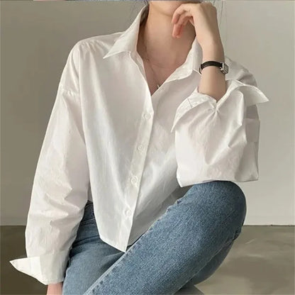 Spring New Casual Long Sleeve Women White Shirt Korea Style Solid Button Split Woman Crop Tops Blouse Party Clothing