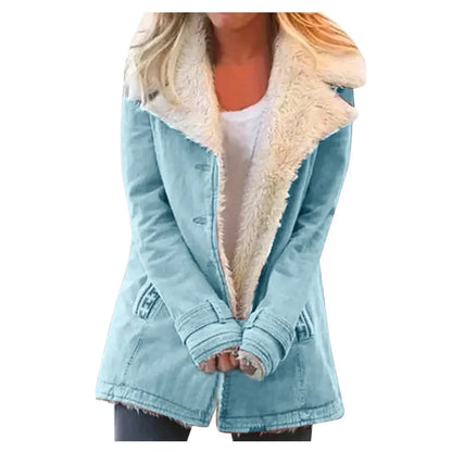 Women Autumn Winter Solid Color Plush Lapel Coat Jacket Fashion Casual Parka Jacket