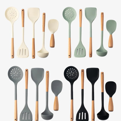 Silicone Kitchen Utensils Spatula Shovel Soup Spoon Cooking Tool Non-Stick Long Wood Handle Kitchen Gadgets