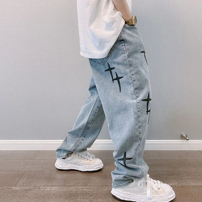 Prints Jeans Men 2023 New Streetwear Baggy Wide Leg Jeans Korean Fashion Drapes Straight Casual Loose Denim Cargo Pants