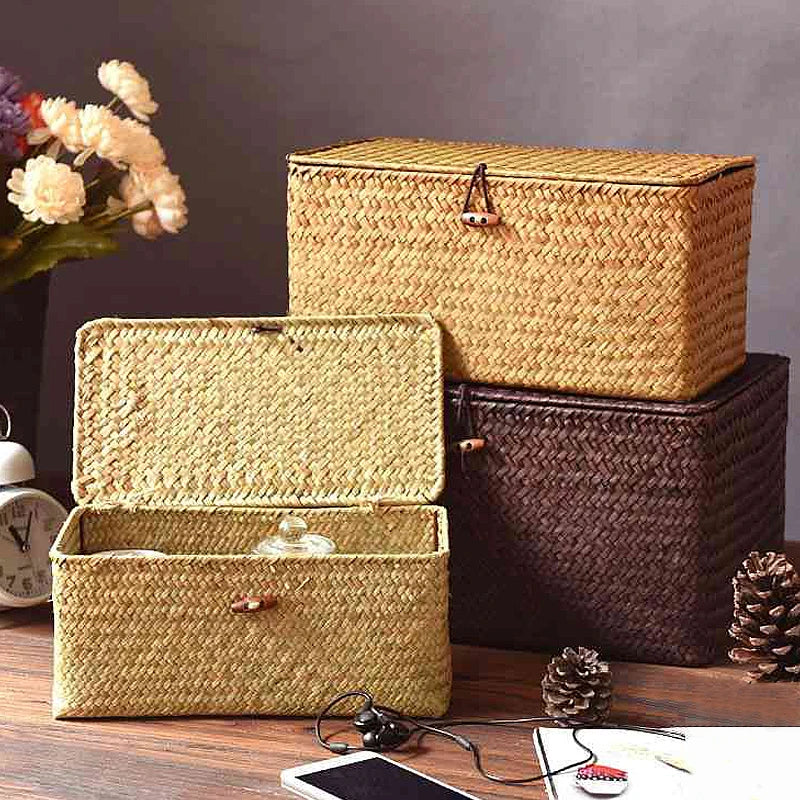 Seaweed Organizers Storage Basket Hand-woven Storage Box Sundries Organizer Cosmetic Toy Basket with Lid Clothes Container