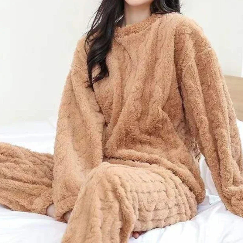 Women Warm 2 Piece Sets Thicken Velvet Ribbed Fleece Set Pullover and Pants Casual Pajama Sets Women Autumn Winter 2023