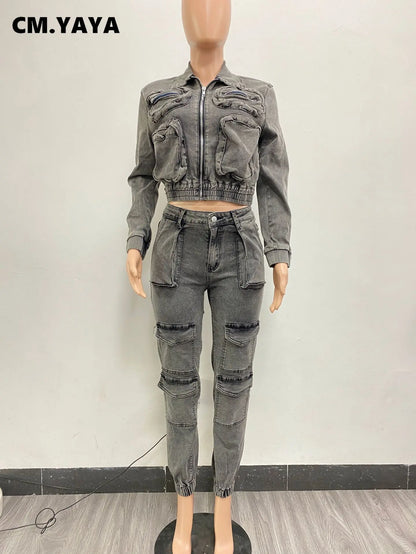 CM.YAYA Fashion Denim Women's Set Pocket Front Jacket and Pocket Cargo Jeans Pants 2024 Street Two 2 Piece Sets Outfit Tracksuit